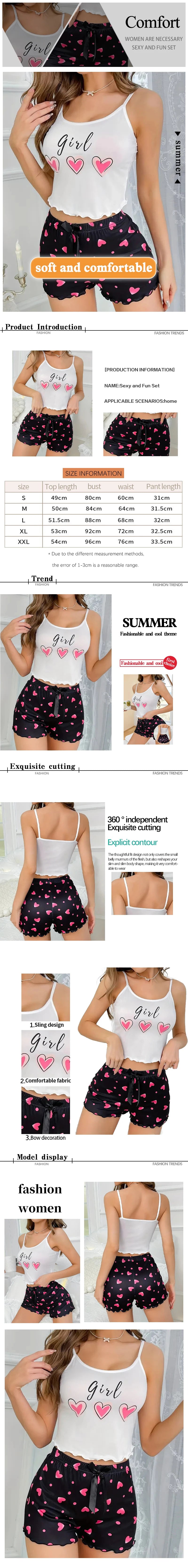 Women's Pink Heart Print Milk Pajama Two-Piece Summer Casual Homewear Camisole and Shorts Pajama Set