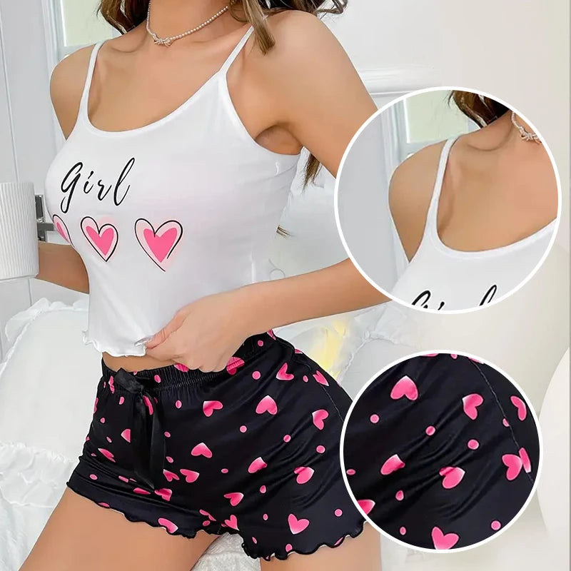 Women's Pink Heart Print Milk Pajama Two-Piece Summer Casual Homewear Camisole and Shorts Pajama Set