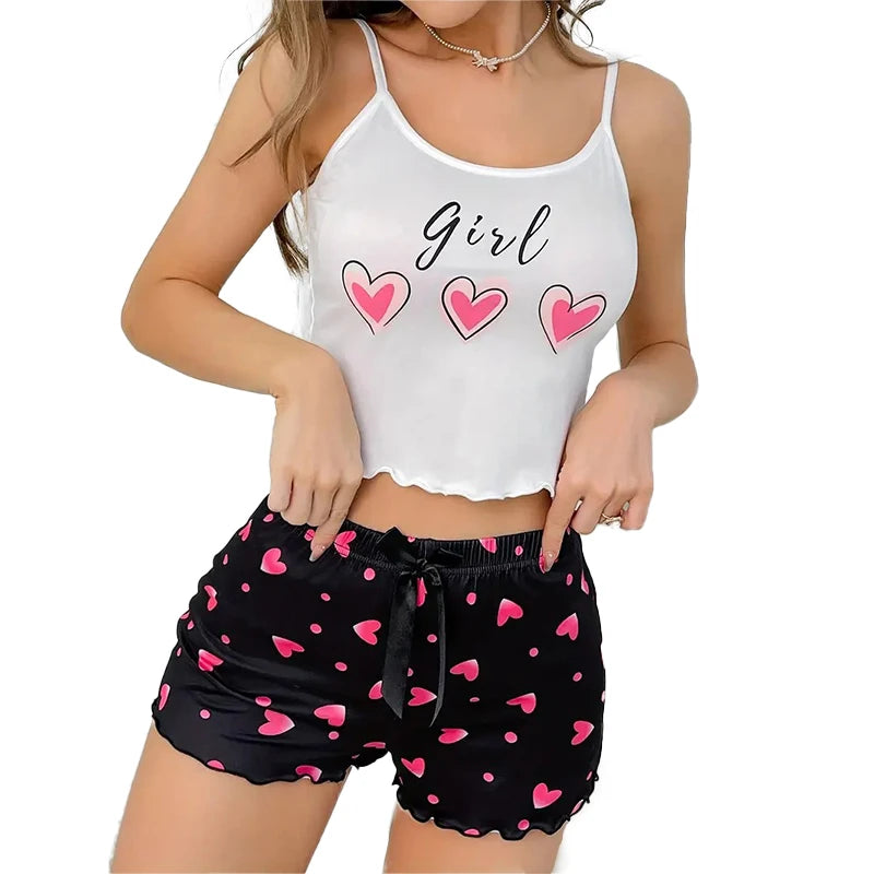 Women's Pink Heart Print Milk Pajama Two-Piece Summer Casual Homewear Camisole and Shorts Pajama Set